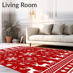 Red White Christmas Tree Reindeer Snowflake Rug