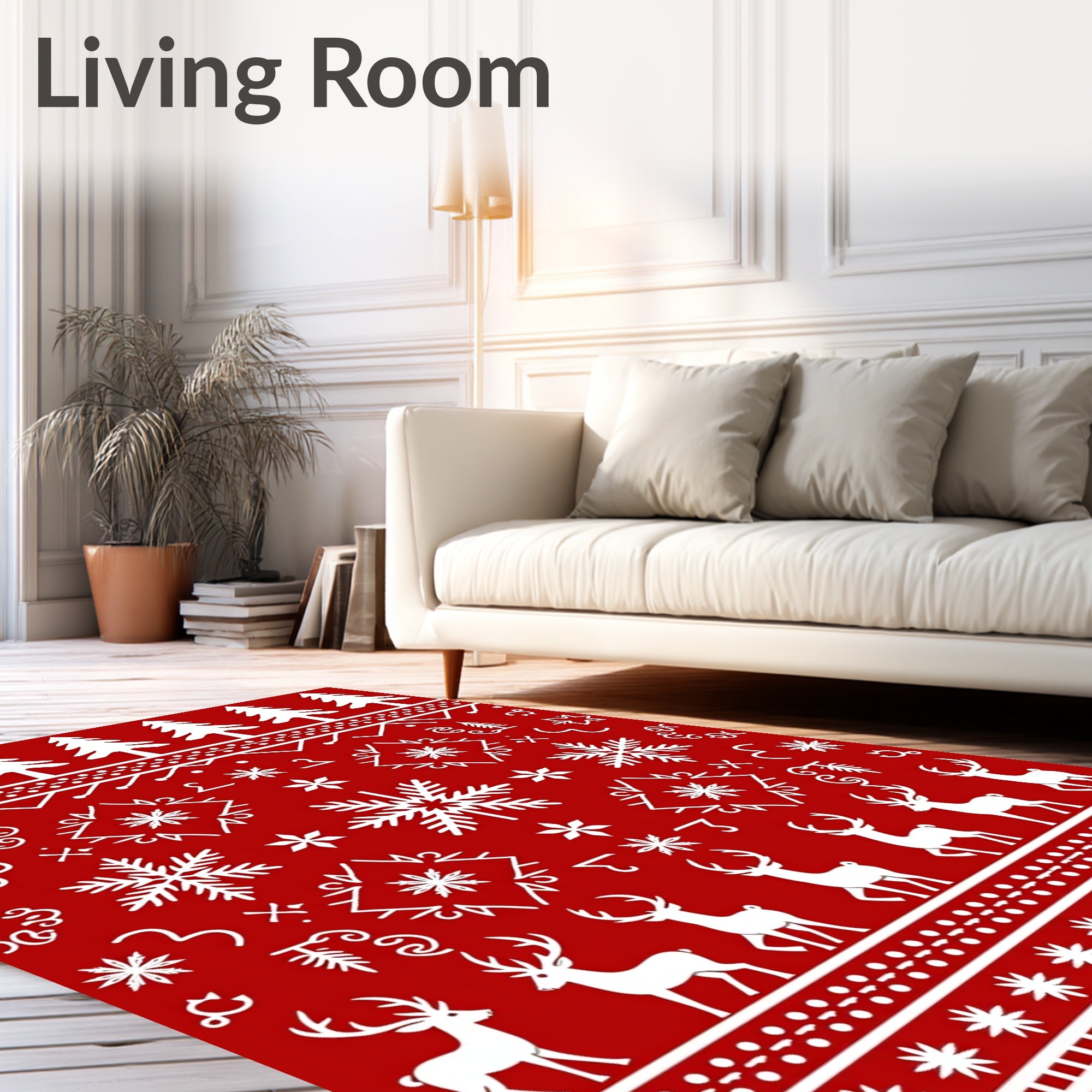 Red White Christmas Tree Reindeer Snowflake Rug