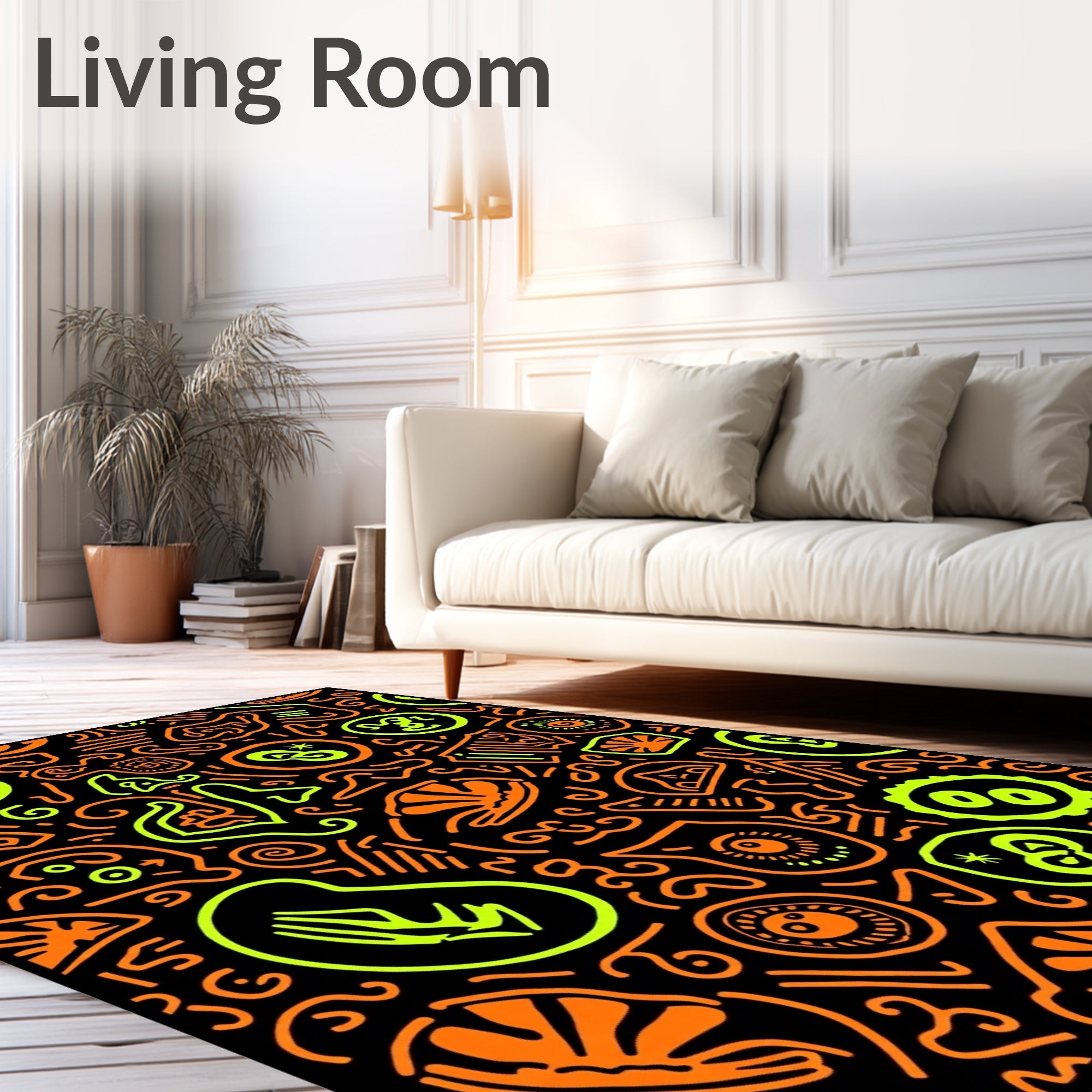 Neon Orange Lime Abstract Doodle Rug