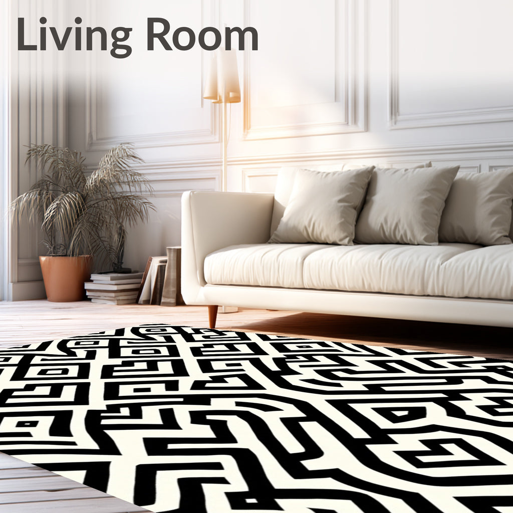 Bold Black White Interlocking Geometric Rug