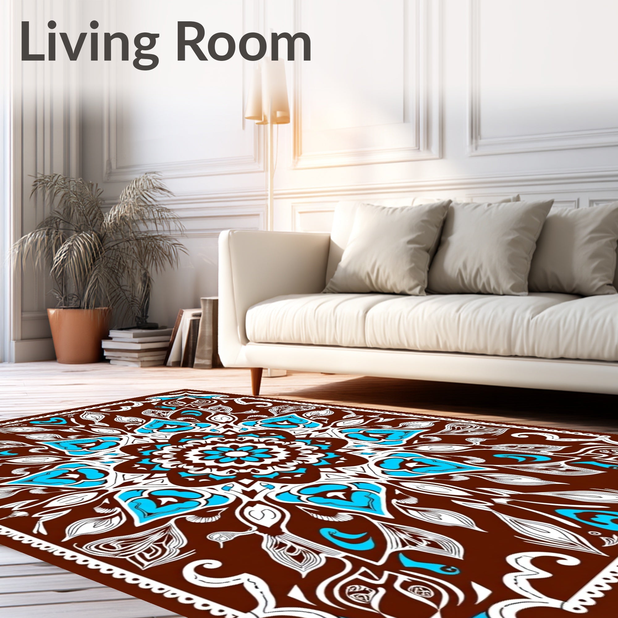 Brown Turquoise White Floral Mandala Rug
