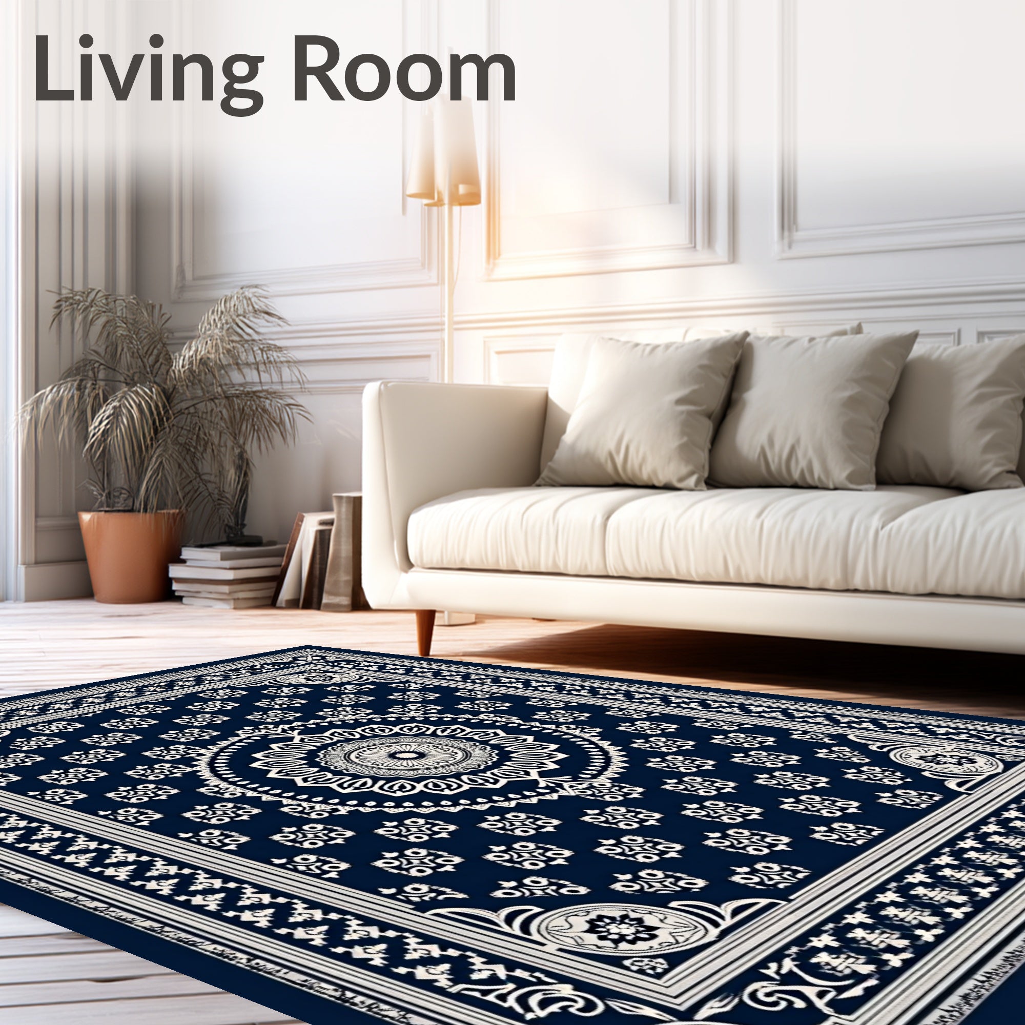 Navy White Intricate Mandala Floral Rug