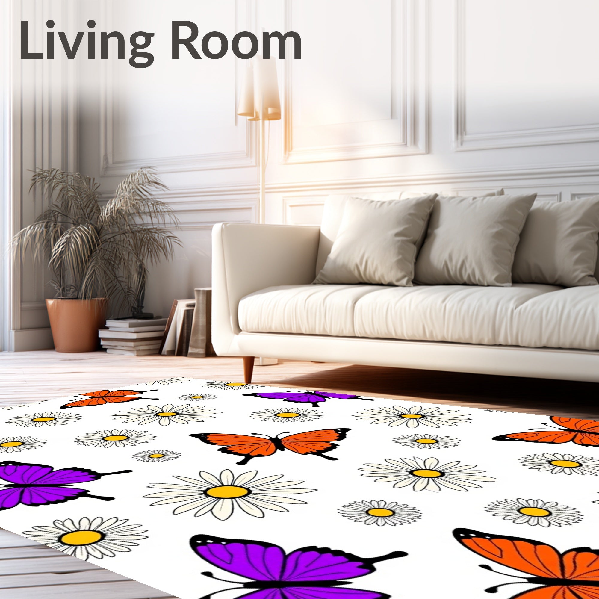 Whimsical Orange Purple Butterfly Daisy Rug