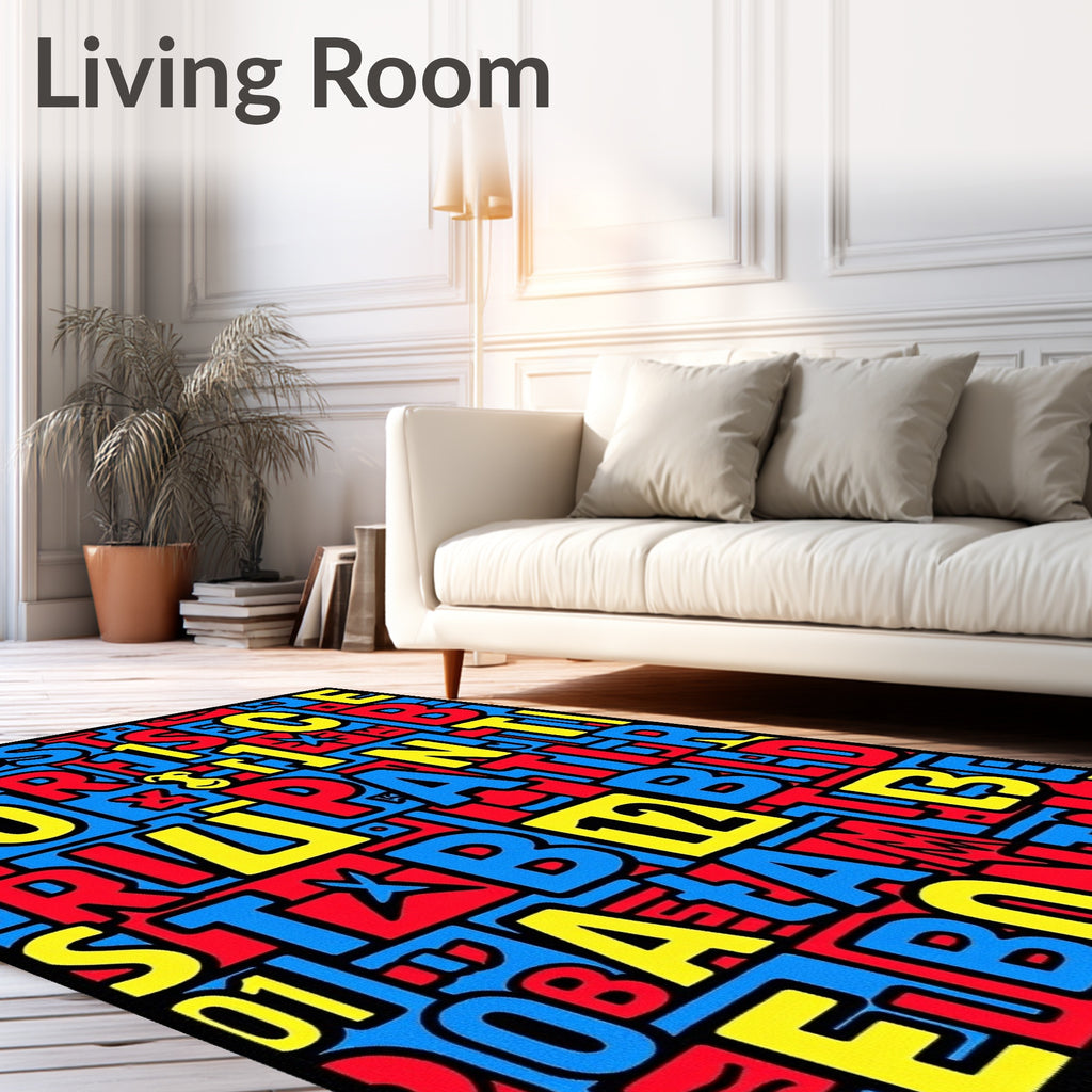 Bold Red Blue Yellow Letter Collage Rug