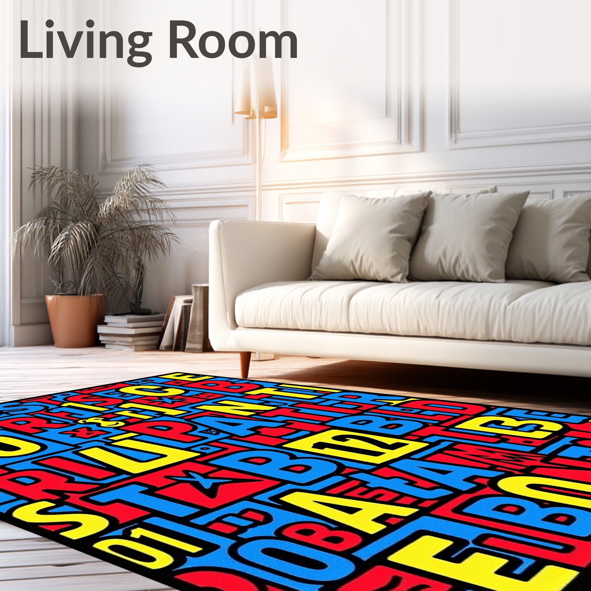 Bold Red Blue Yellow Letter Collage Rug