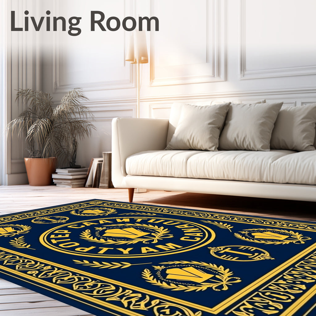 Navy Gold Laurel Emblem Round Rug