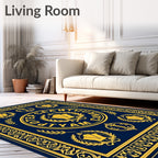 Navy Gold Laurel Emblem Round Rug