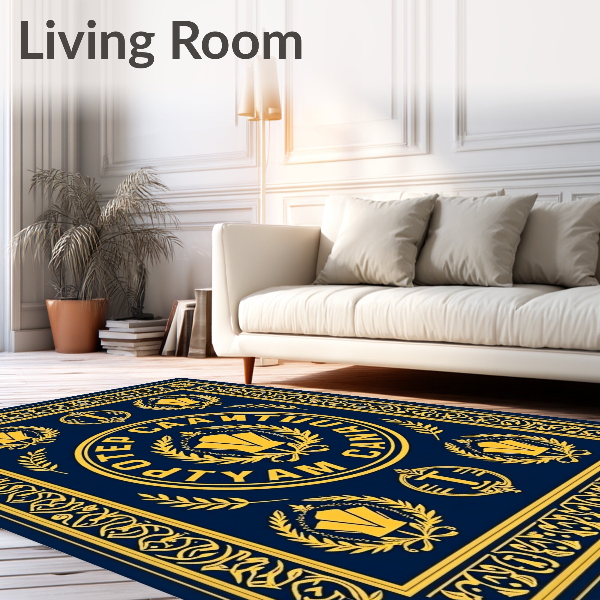 Navy Gold Laurel Emblem Round Rug