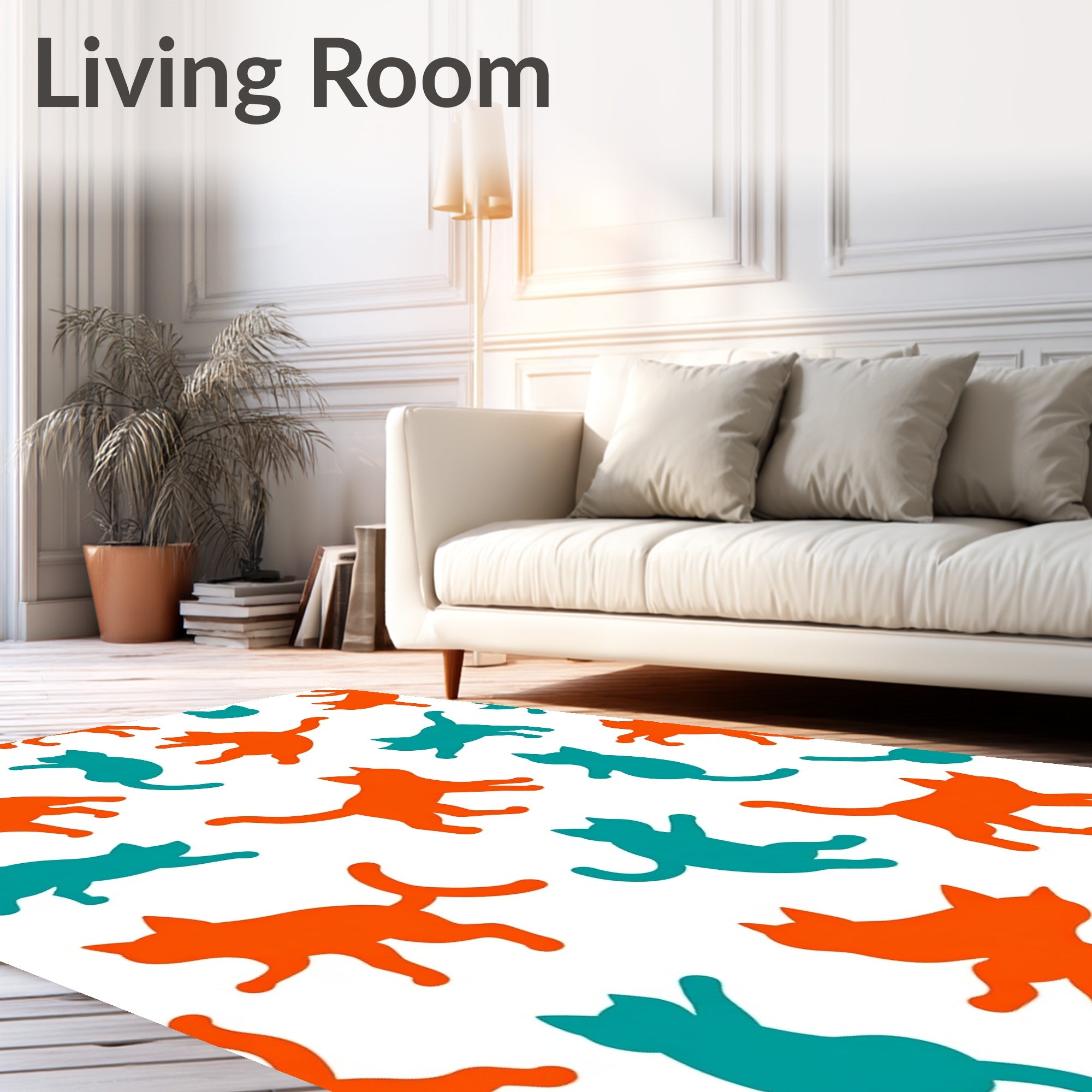 Orange Teal Cat Silhouettes Repeating Rug