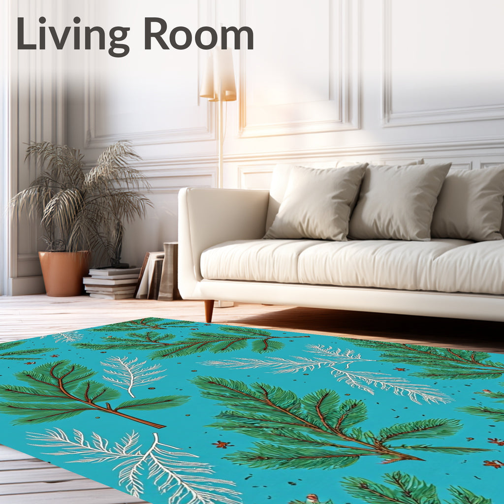 Teal Green Pine Branch Illustration Rug