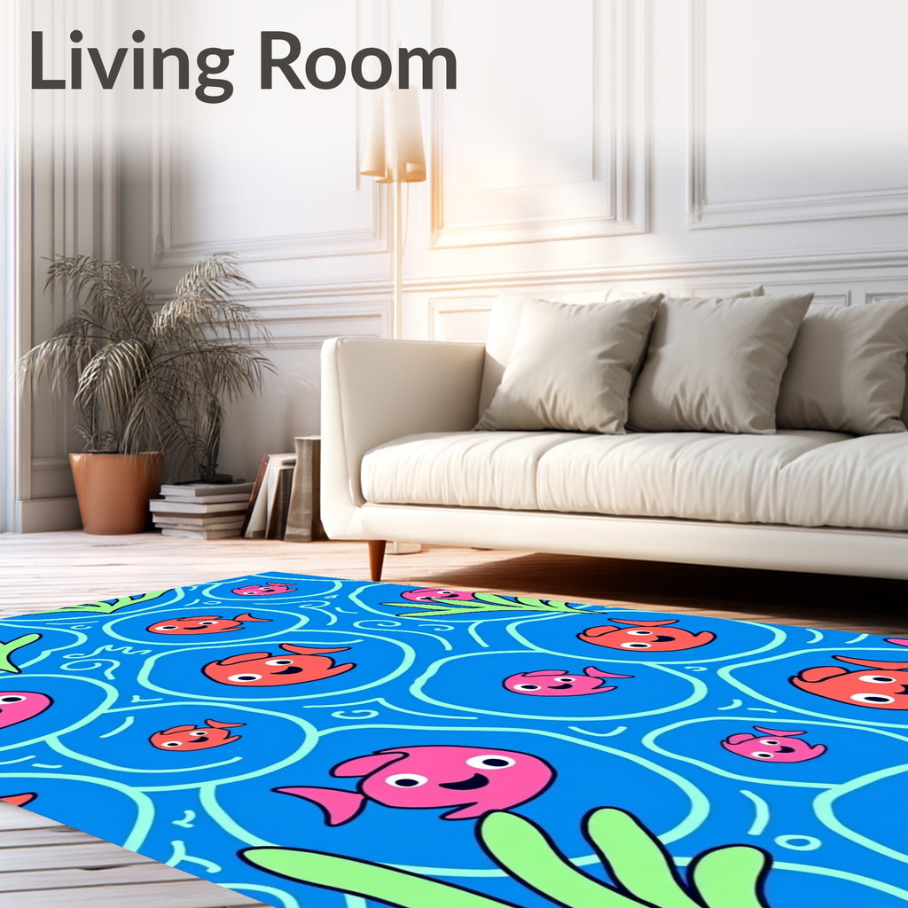 Cute Coral Pink Fish Blue Water Rug