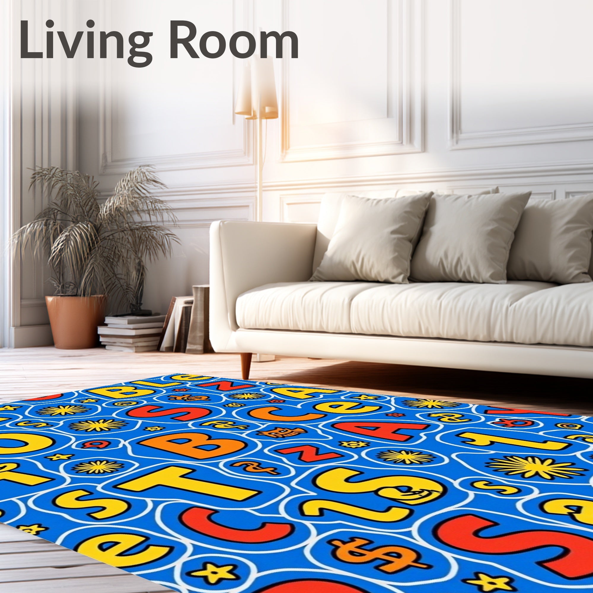 Playful alphabet and sunbursts blue Rug