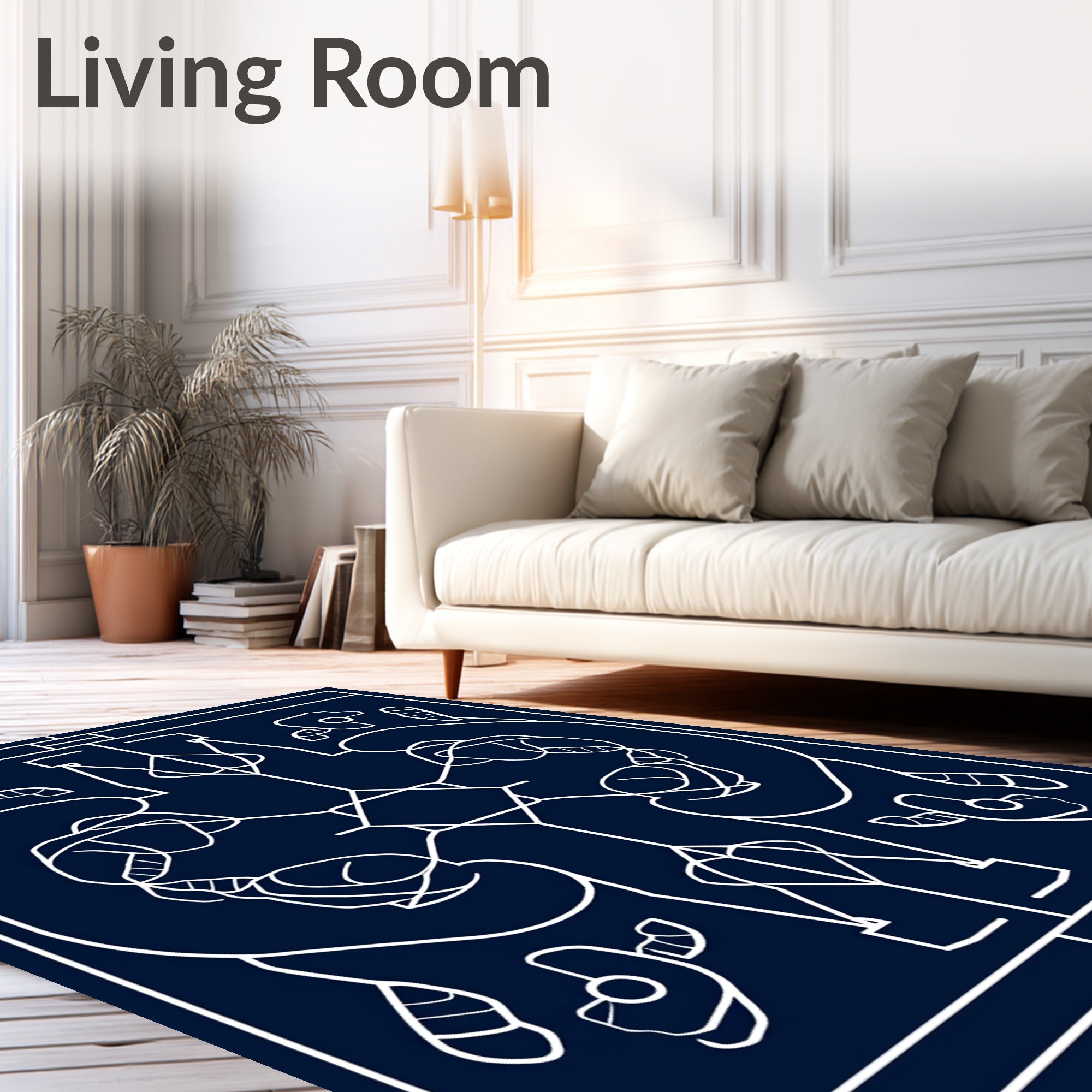 Symmetrical White Line Art Navy Rug