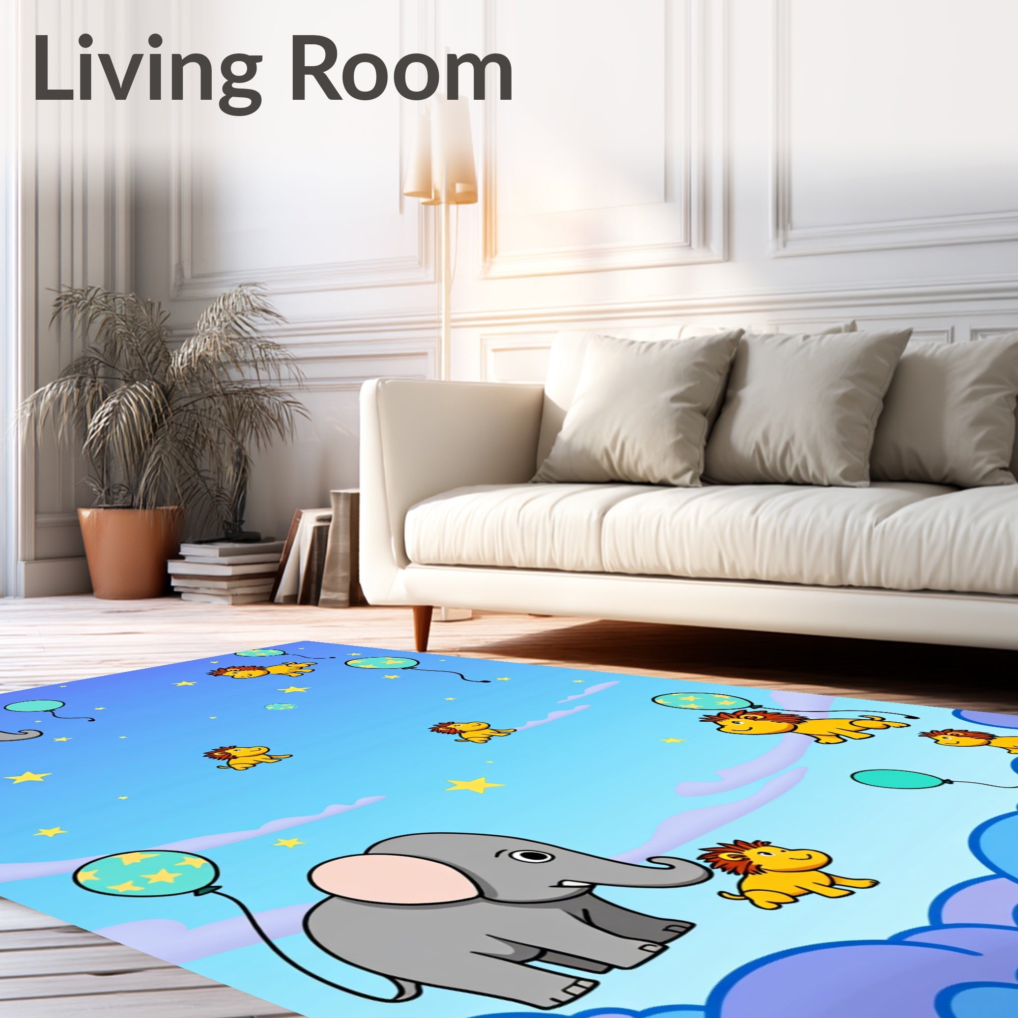 Playful Elephants Lions Sky Balloons Rug