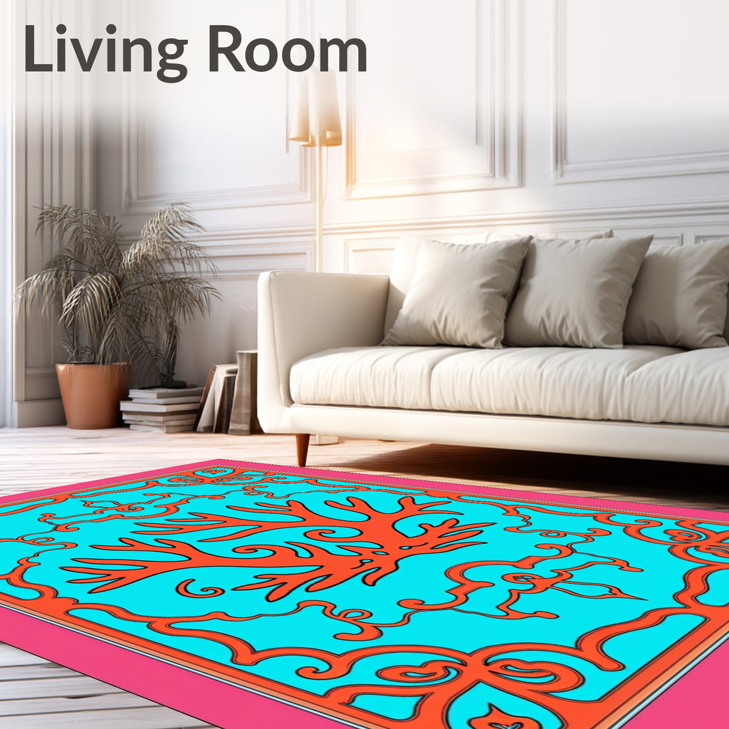 Coral Branch Aqua Decorative Frame Rug