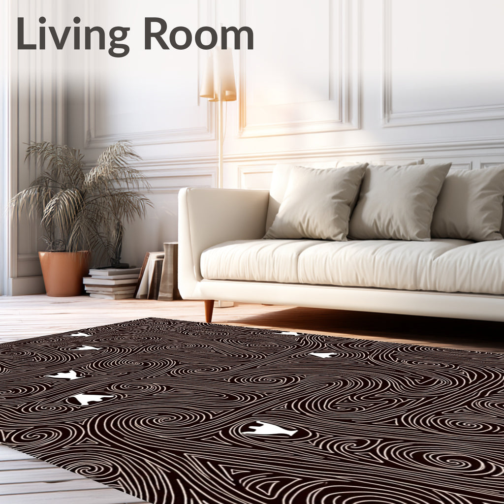 Dark Brown Swirling White Figures Rug