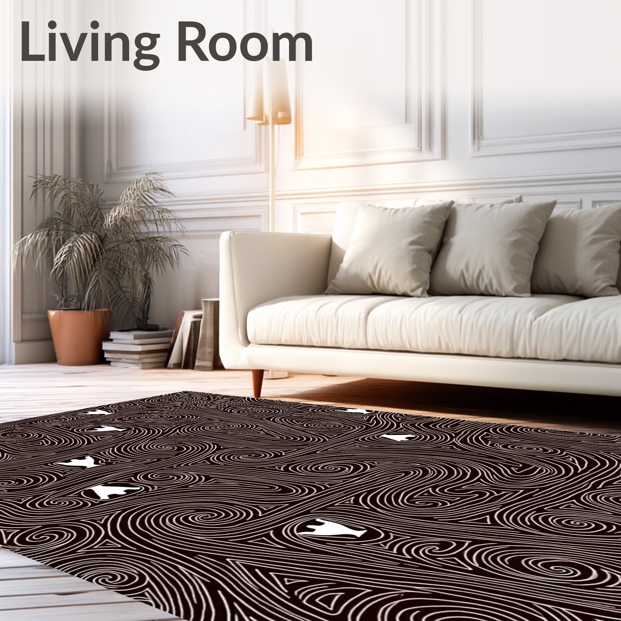 Dark Brown Swirling White Figures Rug