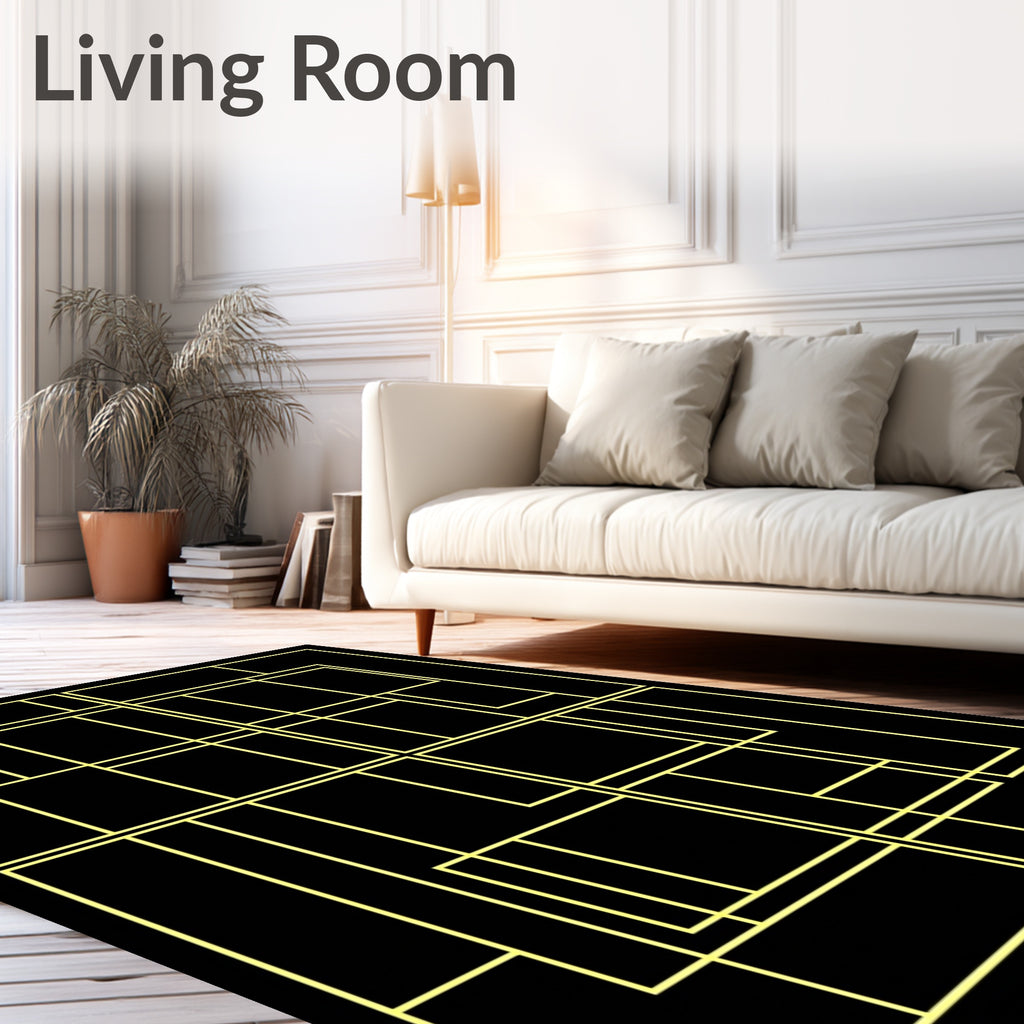 Black Yellow Geometric Deconstructed Grid Rug
