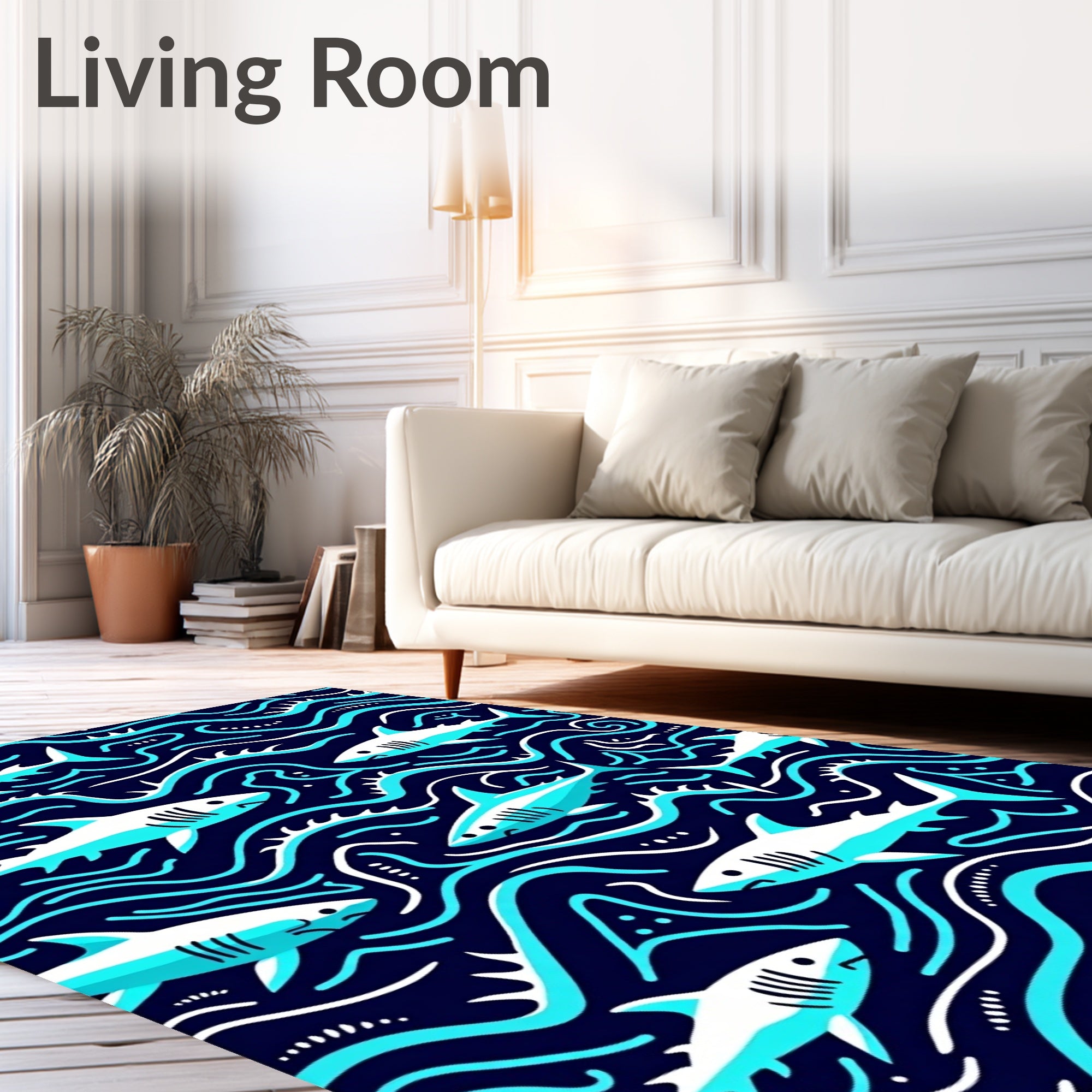 Deep Blue Marine Shark Swirls Rug