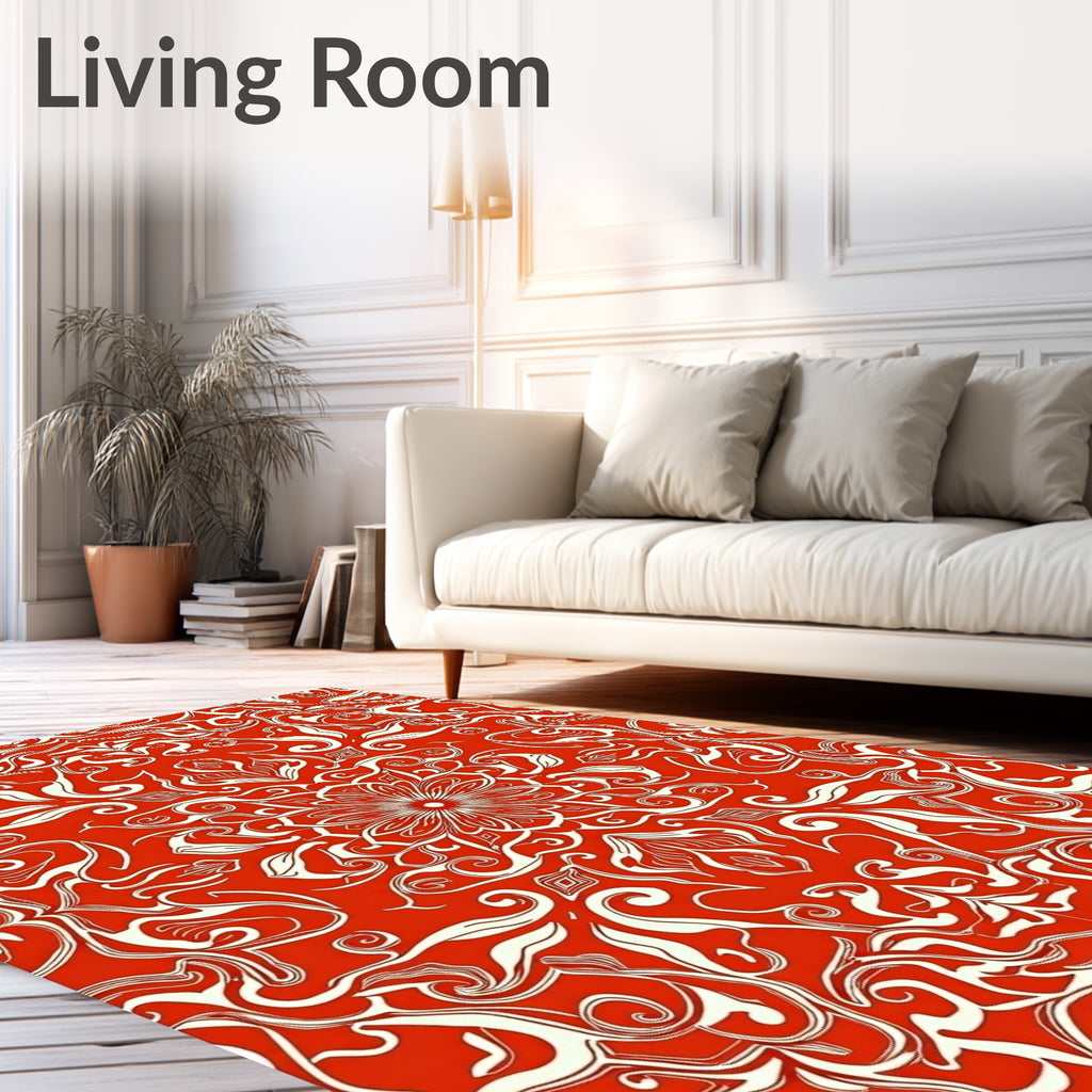 Crimson White Floral Mandala Lace Rug