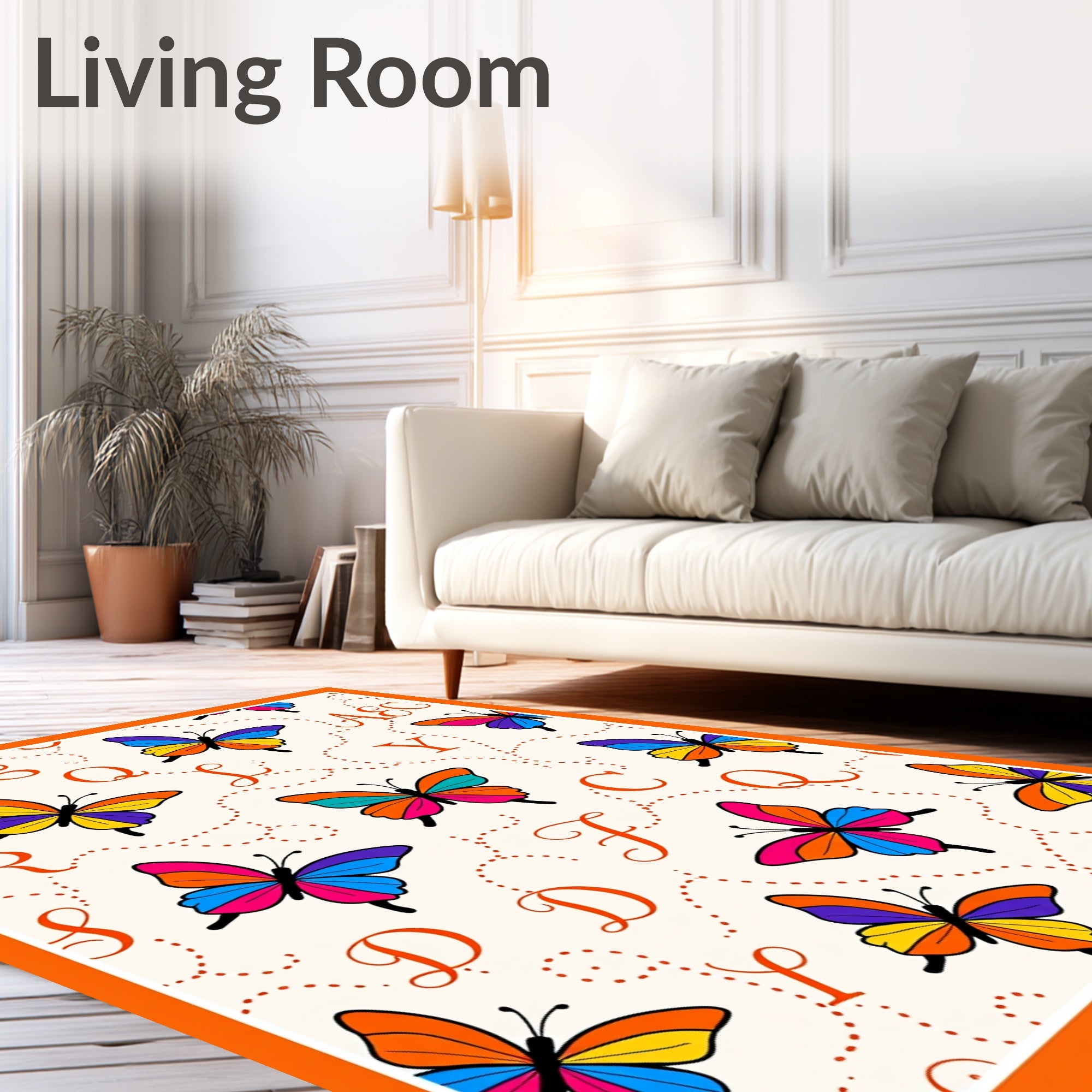 Colorful Butterflies Alphabet Cream Rug