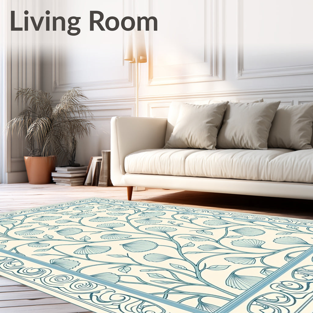 Delicate Blue Ginkgo Leaf Border Rug