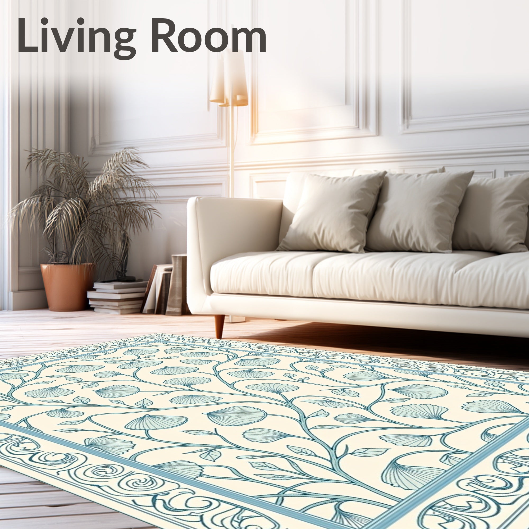 Delicate Blue Ginkgo Leaf Border Rug