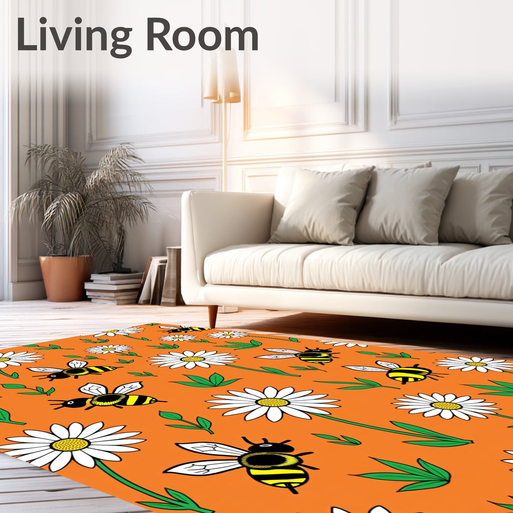 Whimsical Yellow Bee Daisy Garden Rug