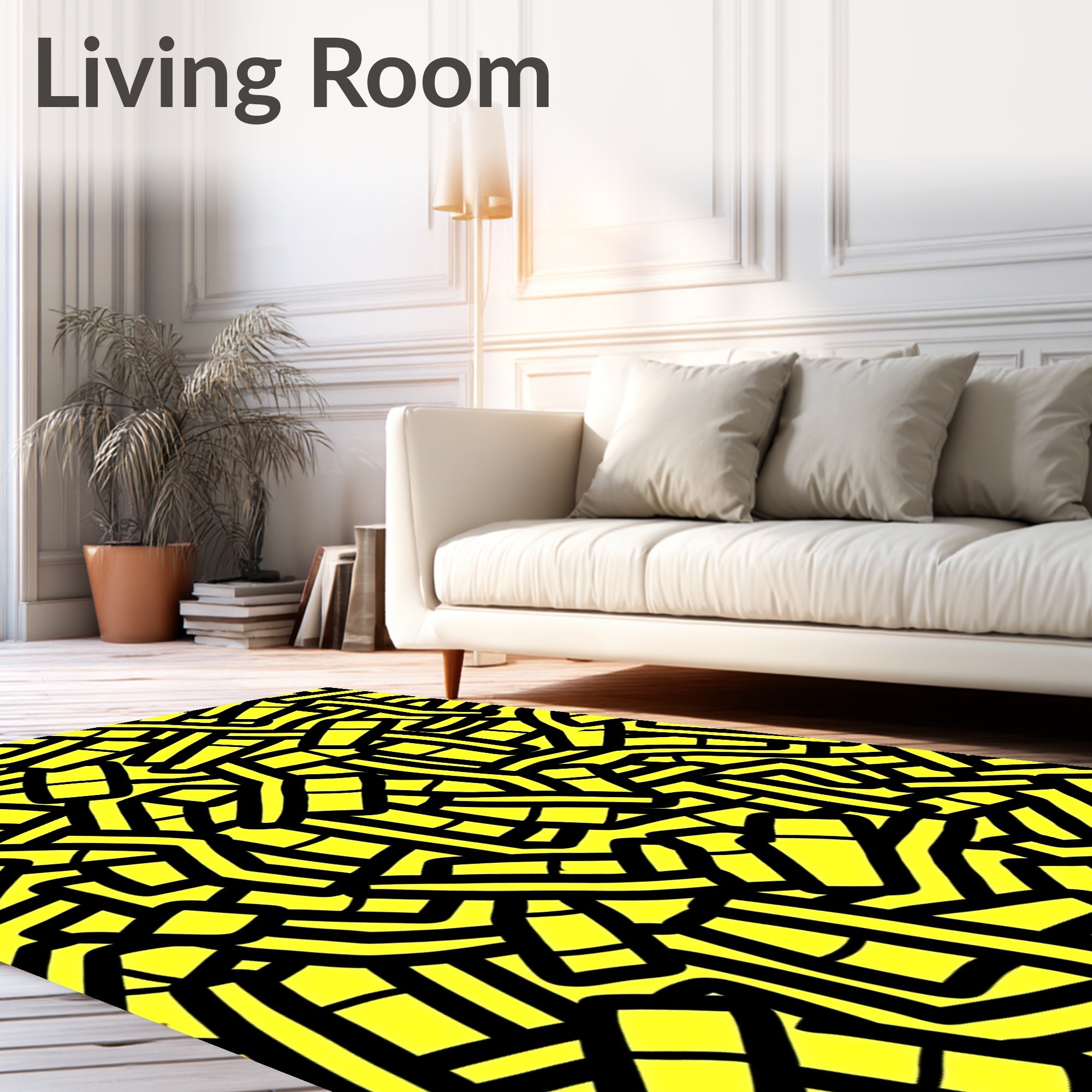 Bright Yellow Black Abstract Labyrinth Rug