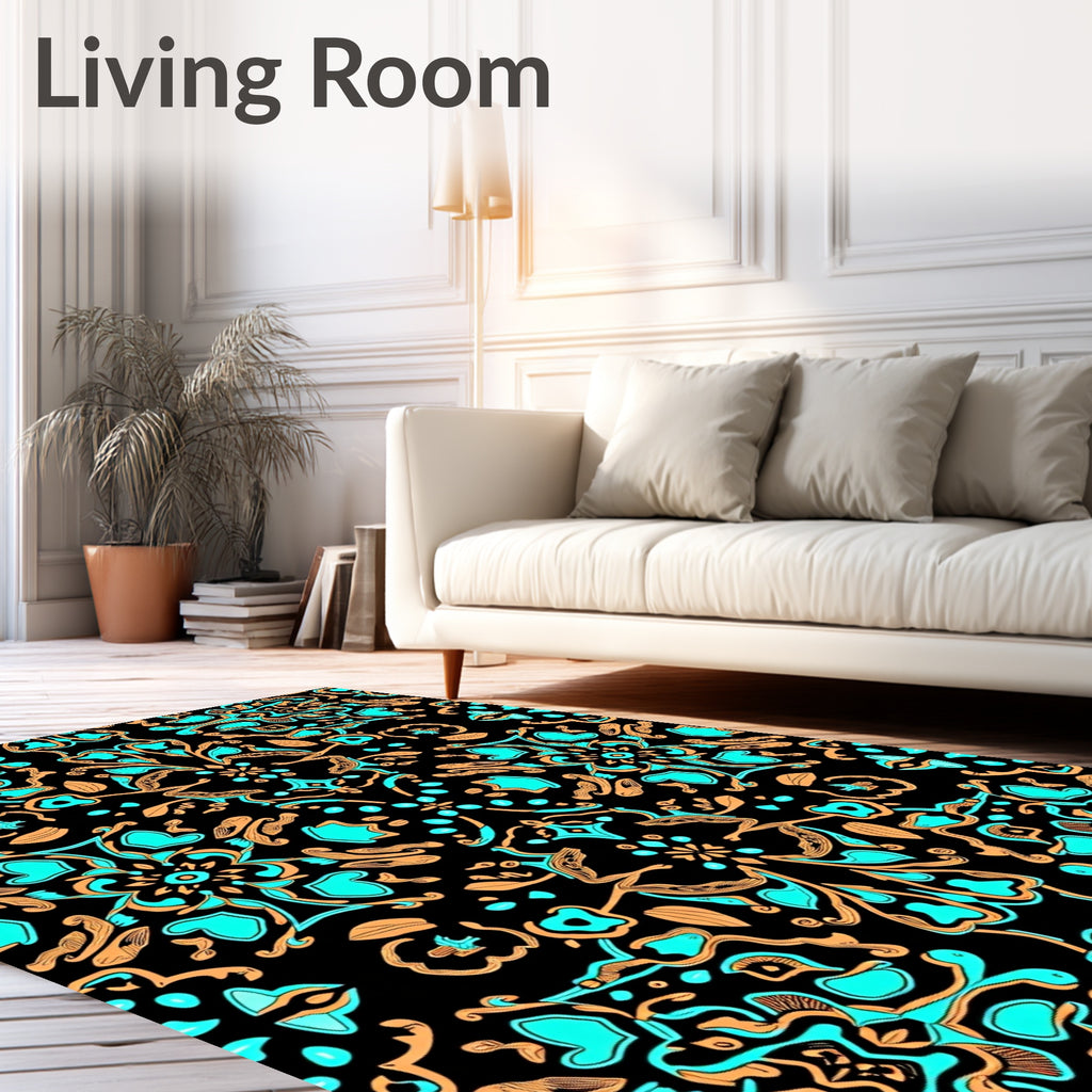 Turquoise And Gold Ornate Floral Rug