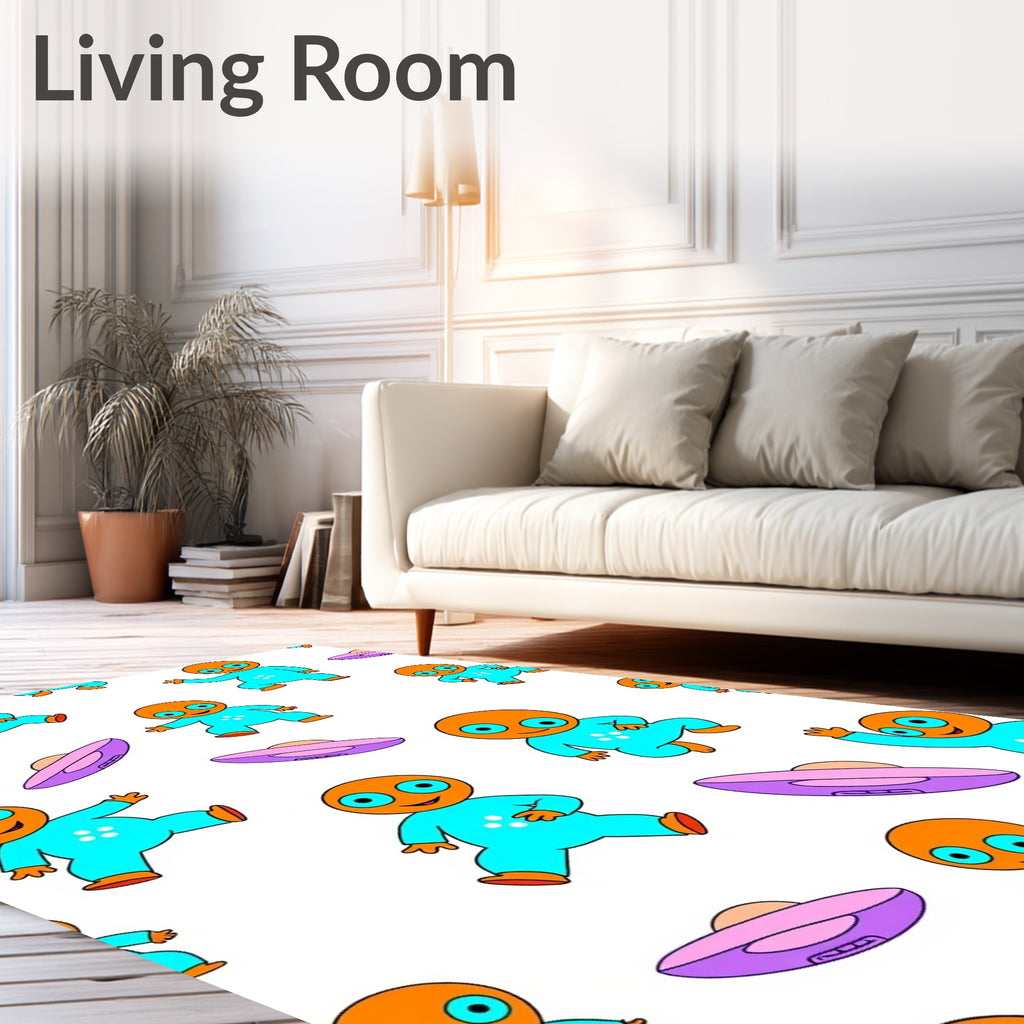 Cute Orange Alien Flying Saucer Collage Rug
