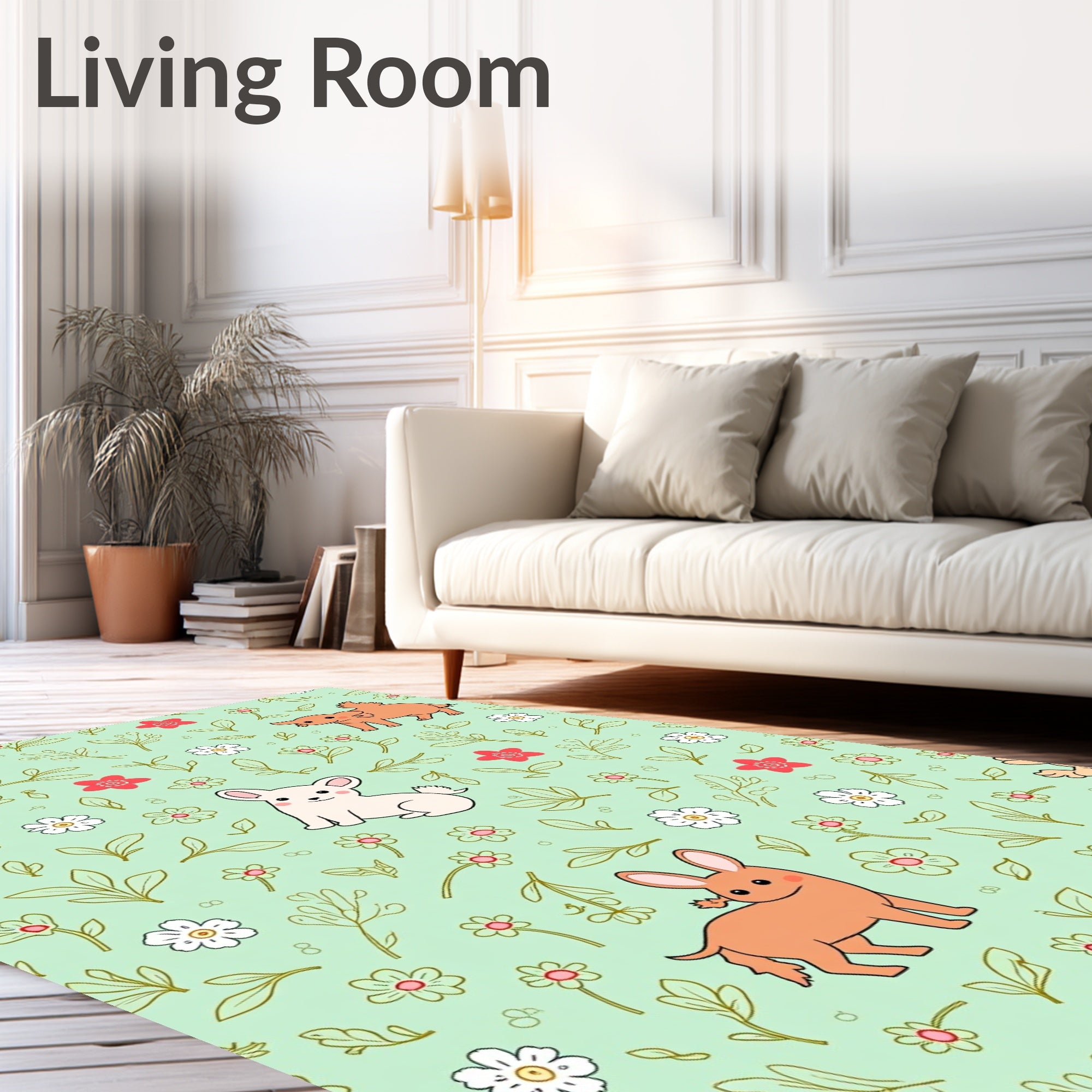 Cute Doggies Floral Garden Mint Rug