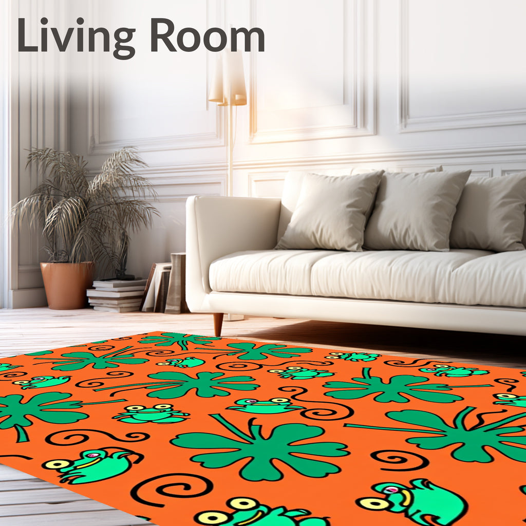 Whimsical Green Frog Orange Swirls Rug