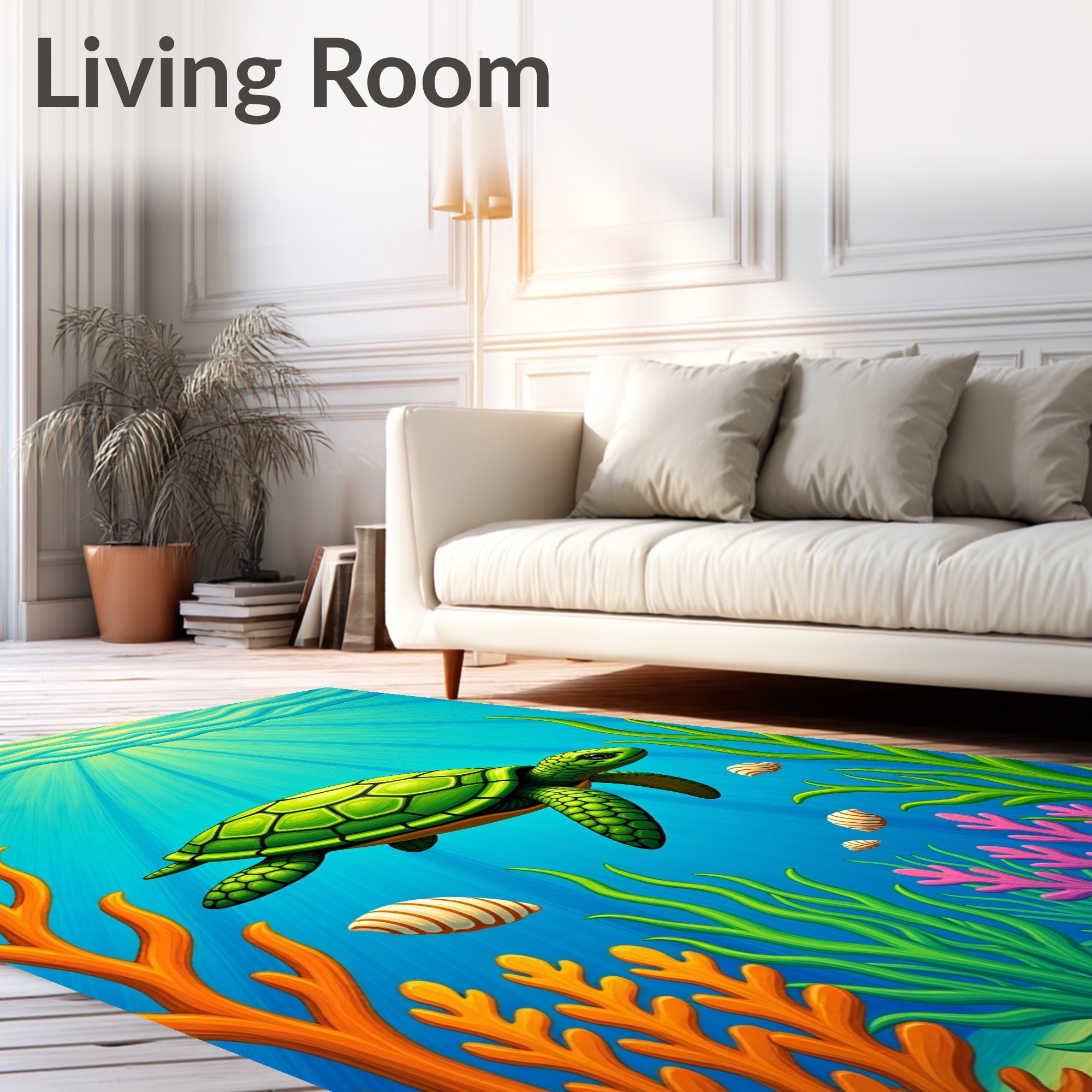 Vibrant Green Turtle Coral Reef Rug