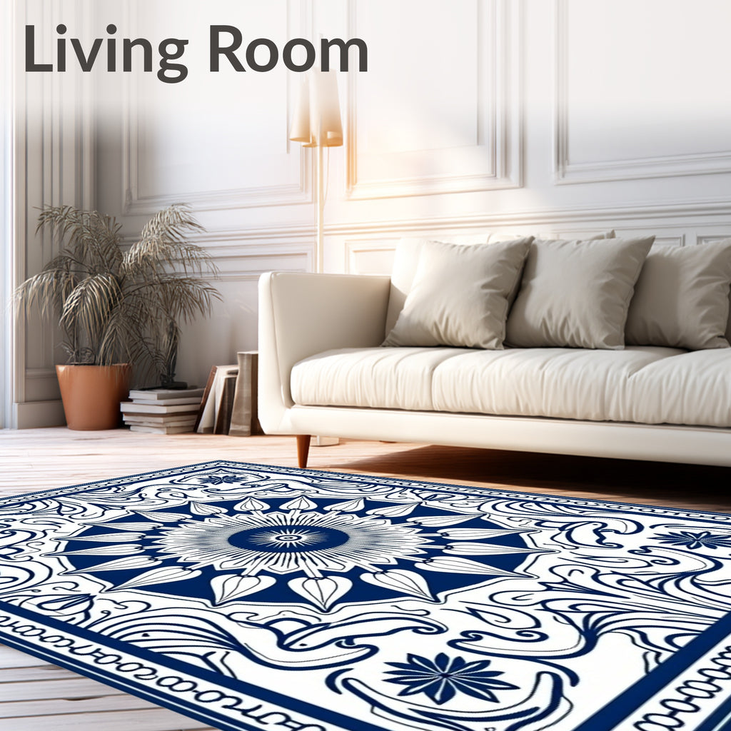 Classic Navy Floral Medallion Frame Rug