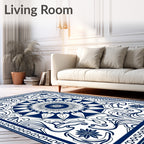 Classic Navy Floral Medallion Frame Rug