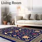 Deep Blue Golden Floral Animal Scroll Rug