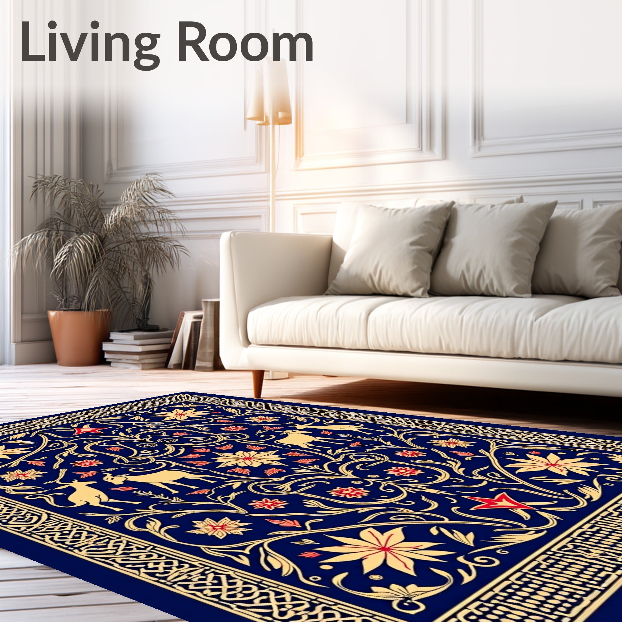 Deep Blue Golden Floral Animal Scroll Rug