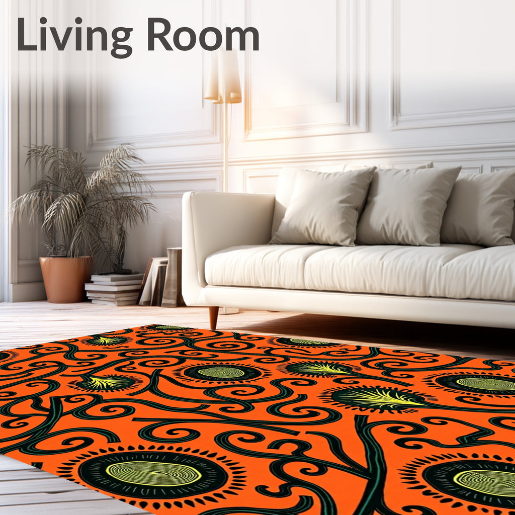 Vibrant Orange Floral Vine Swirl Rug