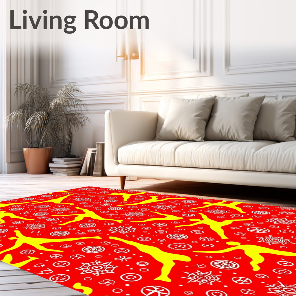 Vibrant Yellow Humanoid Figures Red Background Rug
