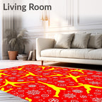 Vibrant Yellow Humanoid Figures Red Background Rug