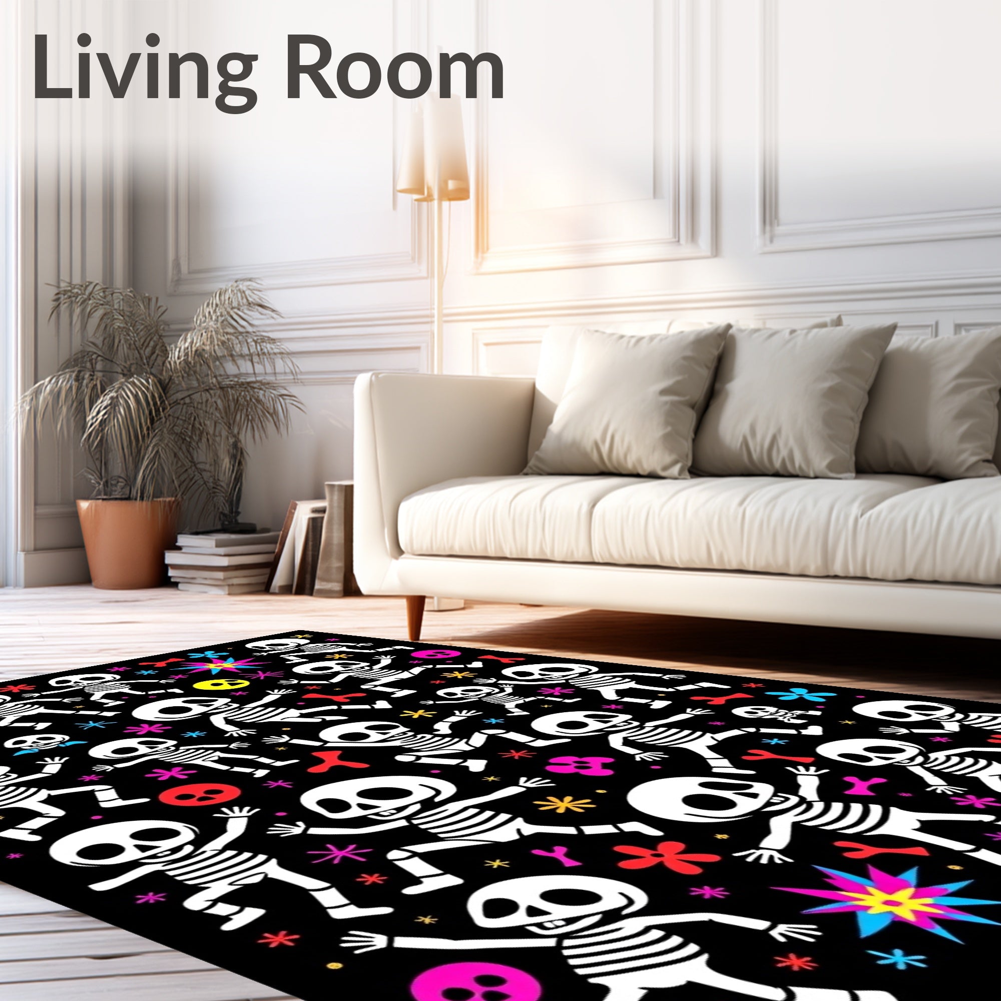 Playful Skeleton Celebration Black Background Rug