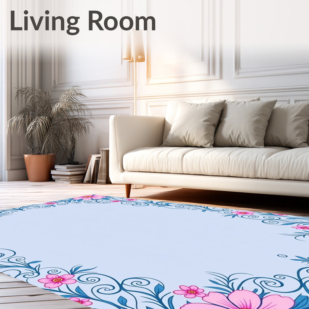 Pink Floral Blue Swirl Frame Rug