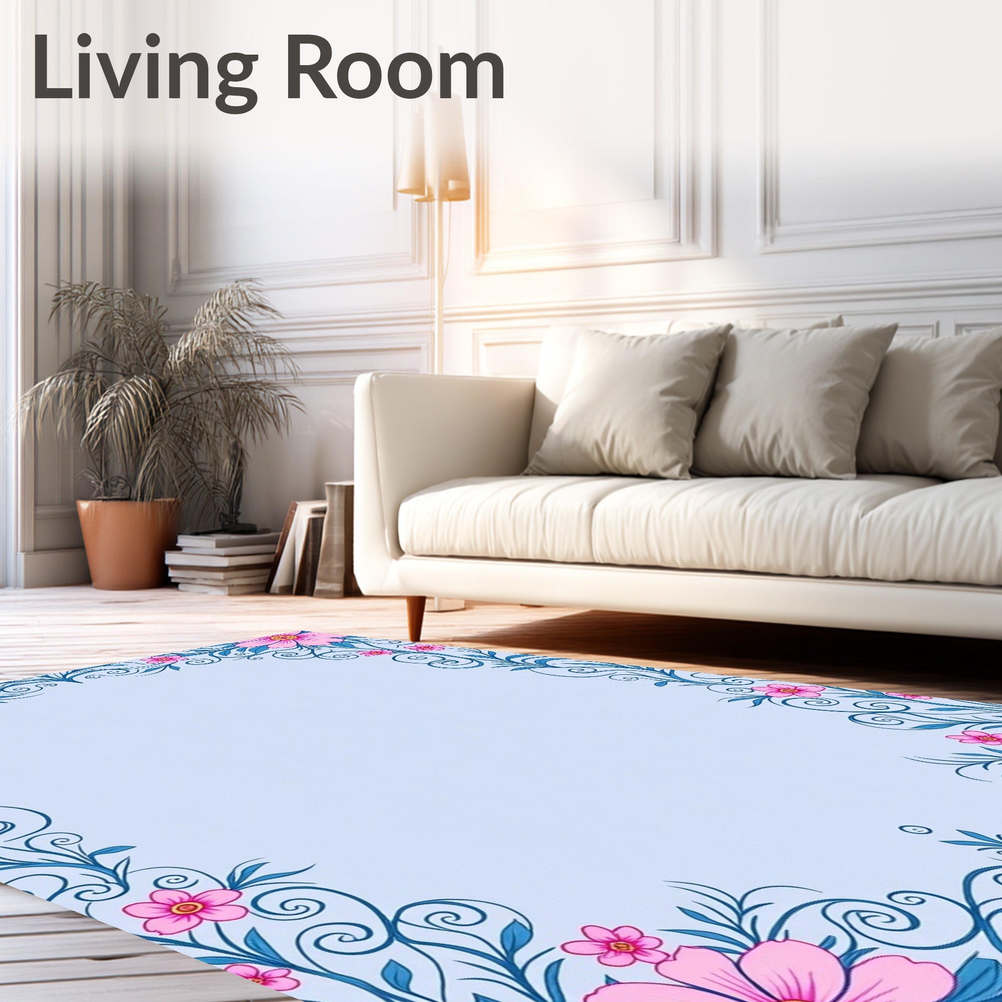 Pink Floral Blue Swirl Frame Rug