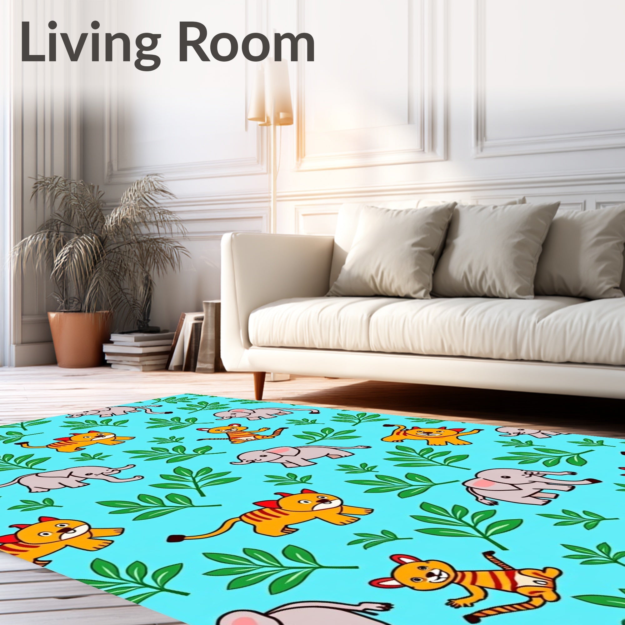 Cute Elephants Tigers Green Leaves Rug