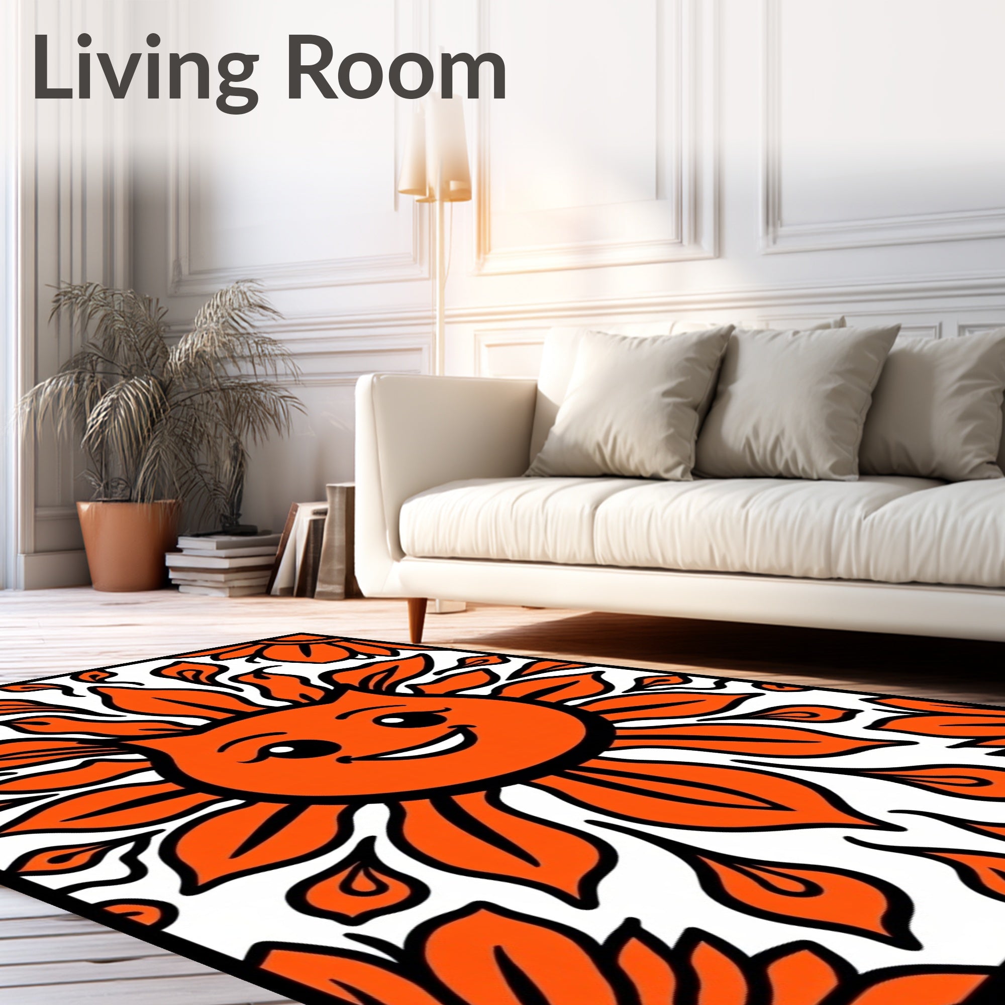 Whimsical Orange Smiling Sun Flower Rug