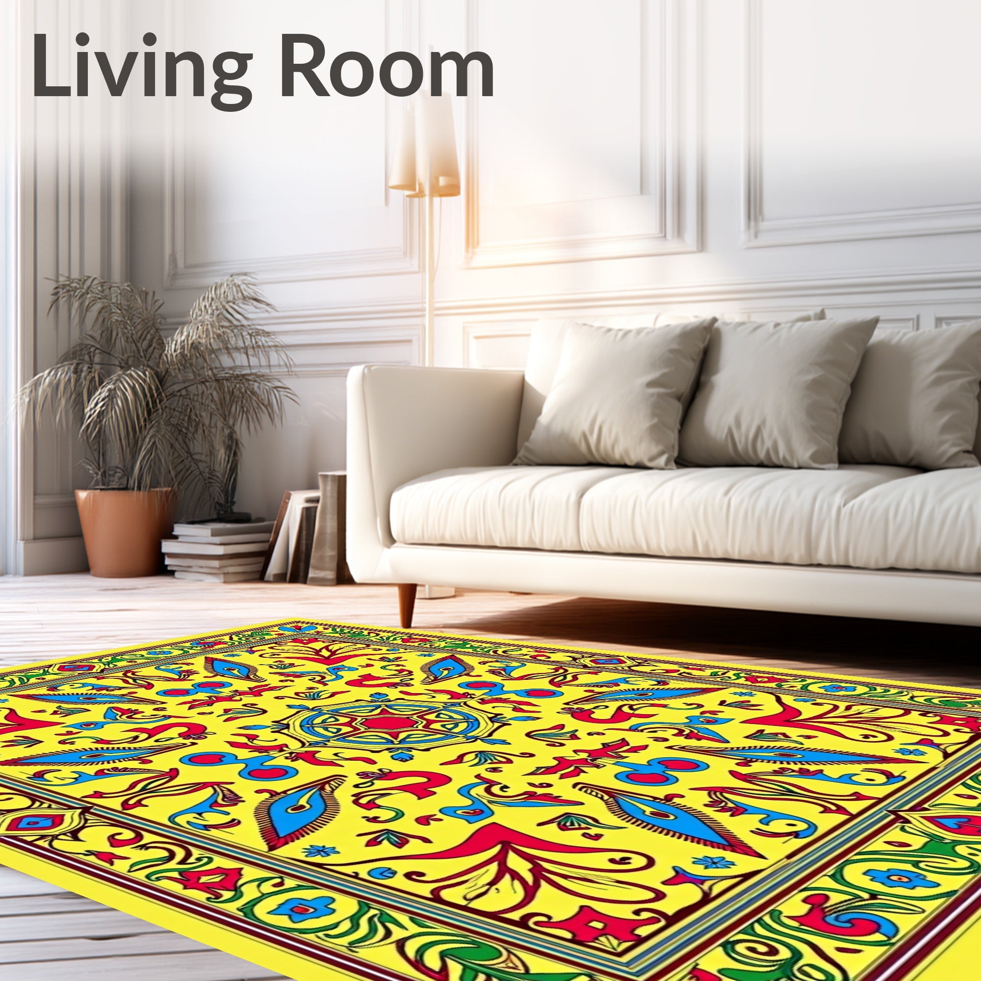 Vivid Yellow Red Blue Floral Medallion Rug