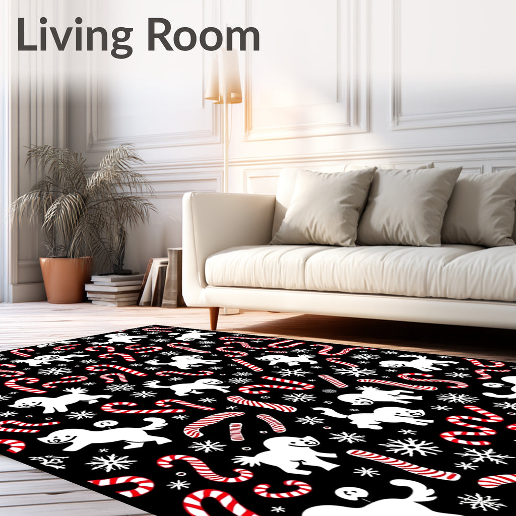 Sweet White Puppy Candy Cane Snowflakes Rug
