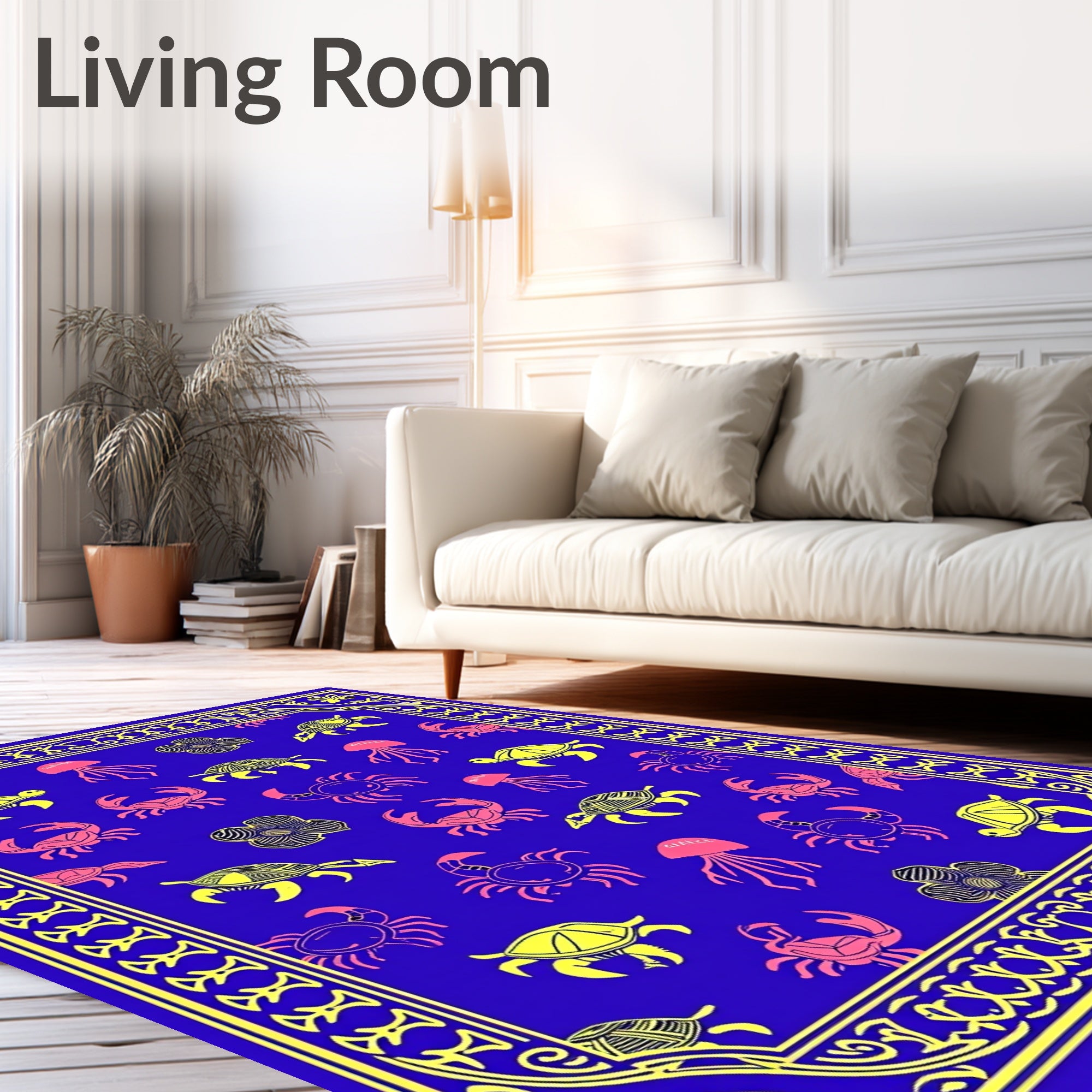 Blue Yellow Sea Creatures Scallop Border Rug