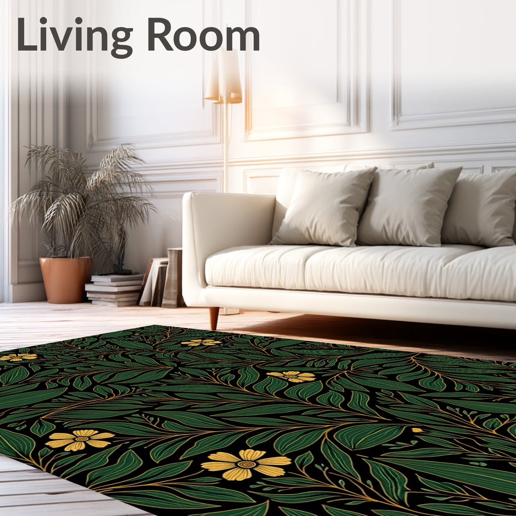Dark Emerald Yellow Floral Vine Rug
